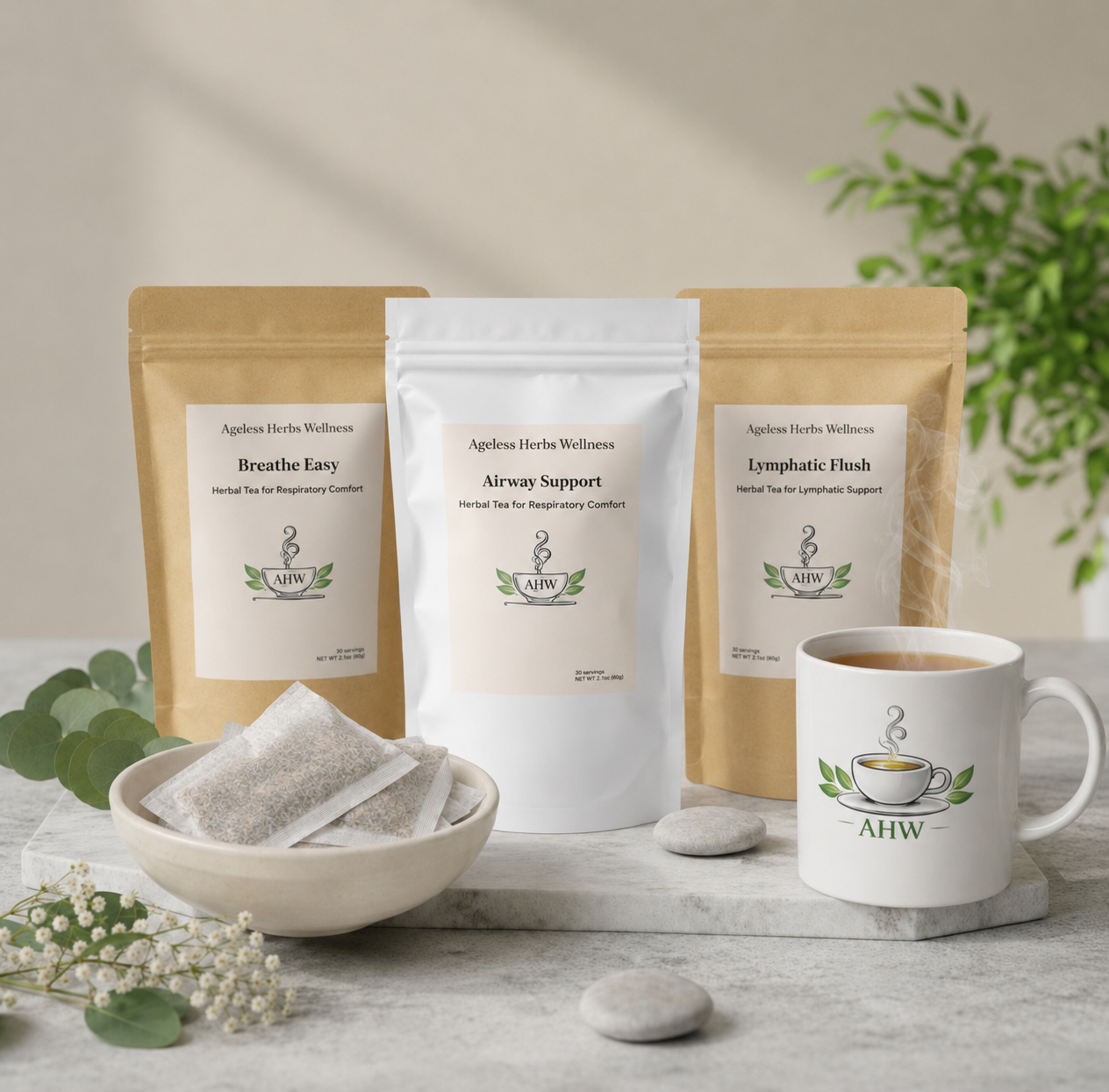Herbal tea bundle of Breathe Easy tea, Airway Support, Lymphatic Flush and a Ageless Herbs Wellness mug and tea bags on a table with a plant in the background
