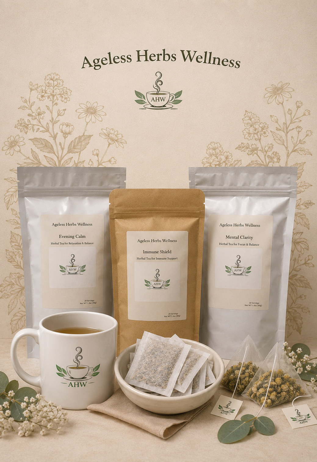 Ageless Herbs Wellness tea packaging Evening Calm, Immune Shield, Mental Clarity and tea leaves on a neutral background with ageless herbs wellness mug and tea bags