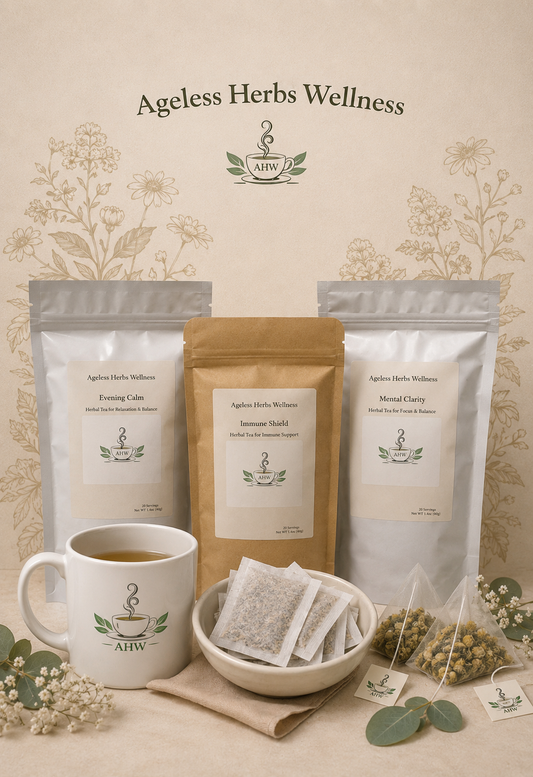 Ageless Herbs Wellness tea packaging Evening Calm, Immune Shield, Mental Clarity and tea leaves on a neutral background with ageless herbs wellness mug and tea bags
