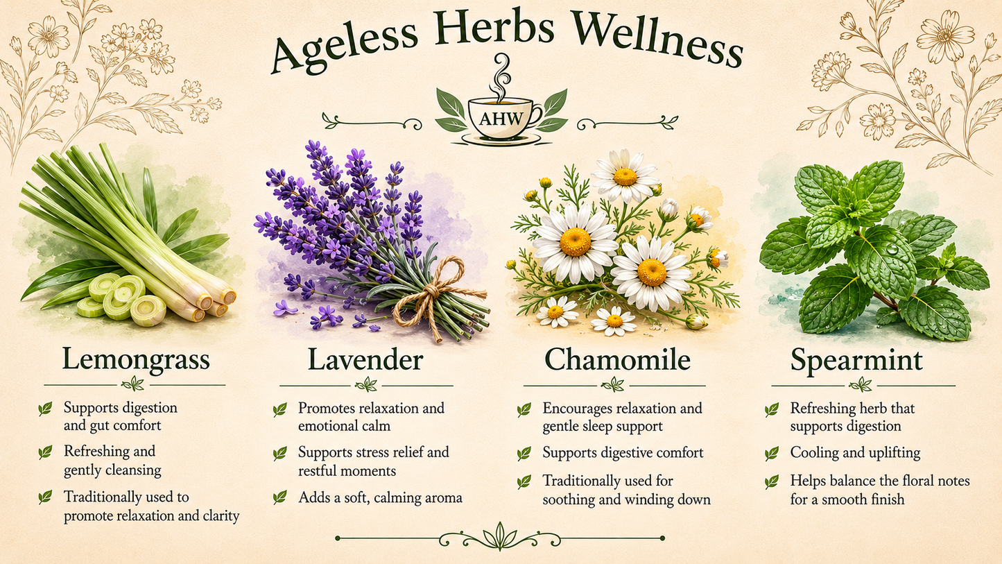 Promotional graphic for Ageless Herbs Wellness featuring herbs and their benefits.