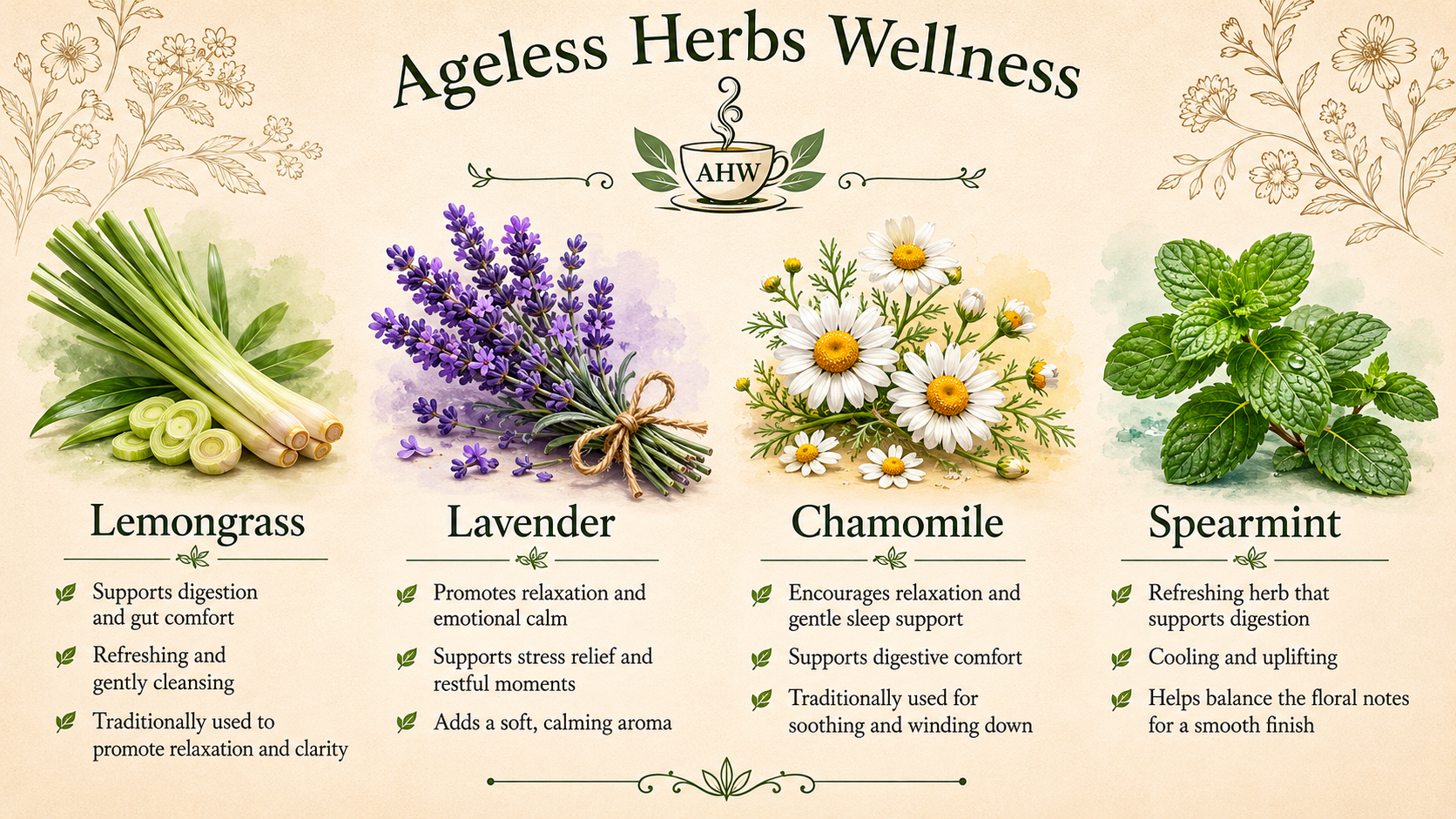 Promotional graphic for Ageless Herbs Wellness featuring herbs and their benefits.