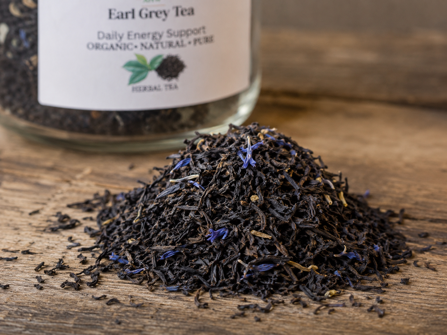 Earl Grey tea leaves on a wooden surface with a glass jar labeled 'Earl Grey Tea' in the background.