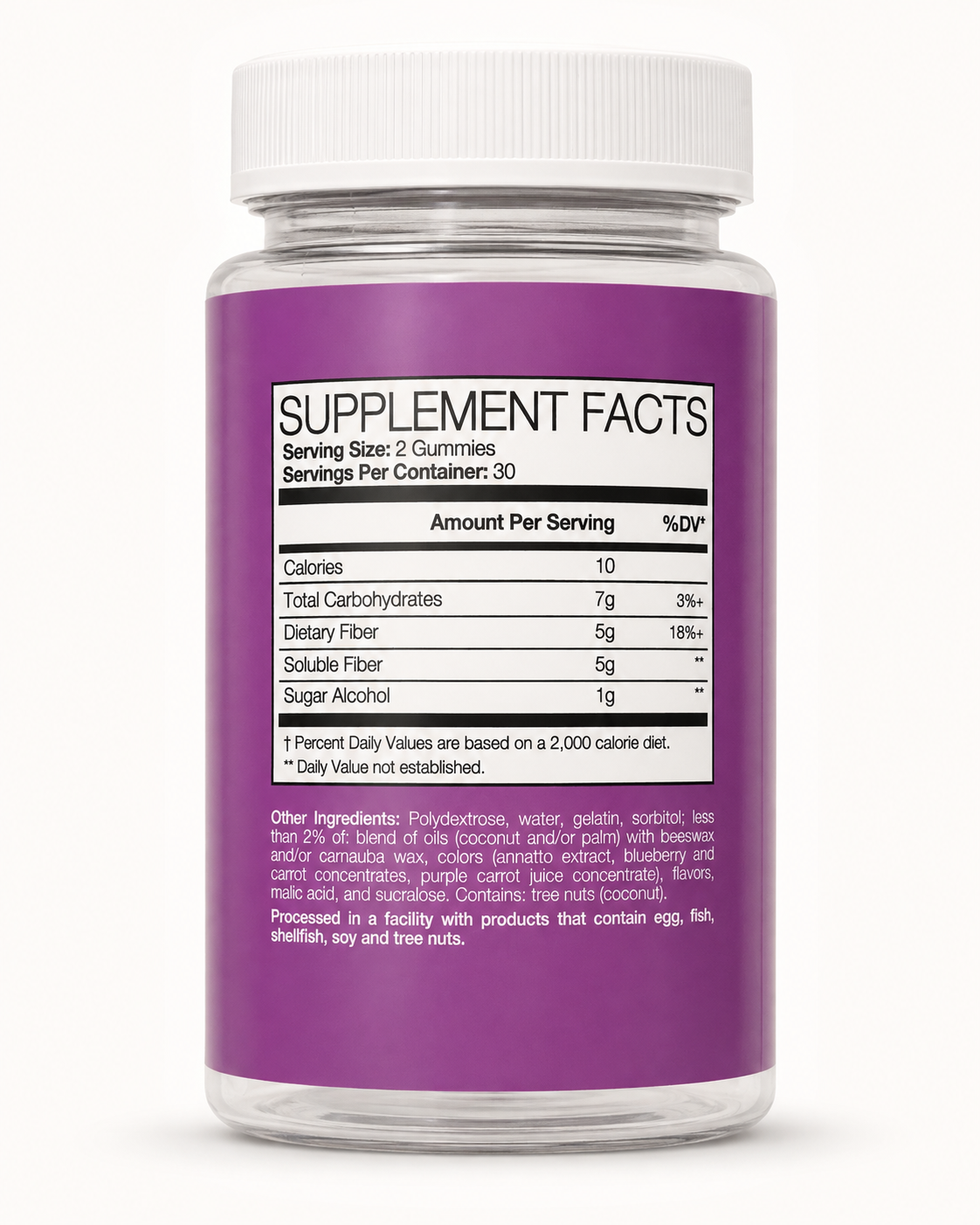 A clear supplement bottle with a white cap and a purple label showing the Supplement Facts panel, photographed on a plain white background.