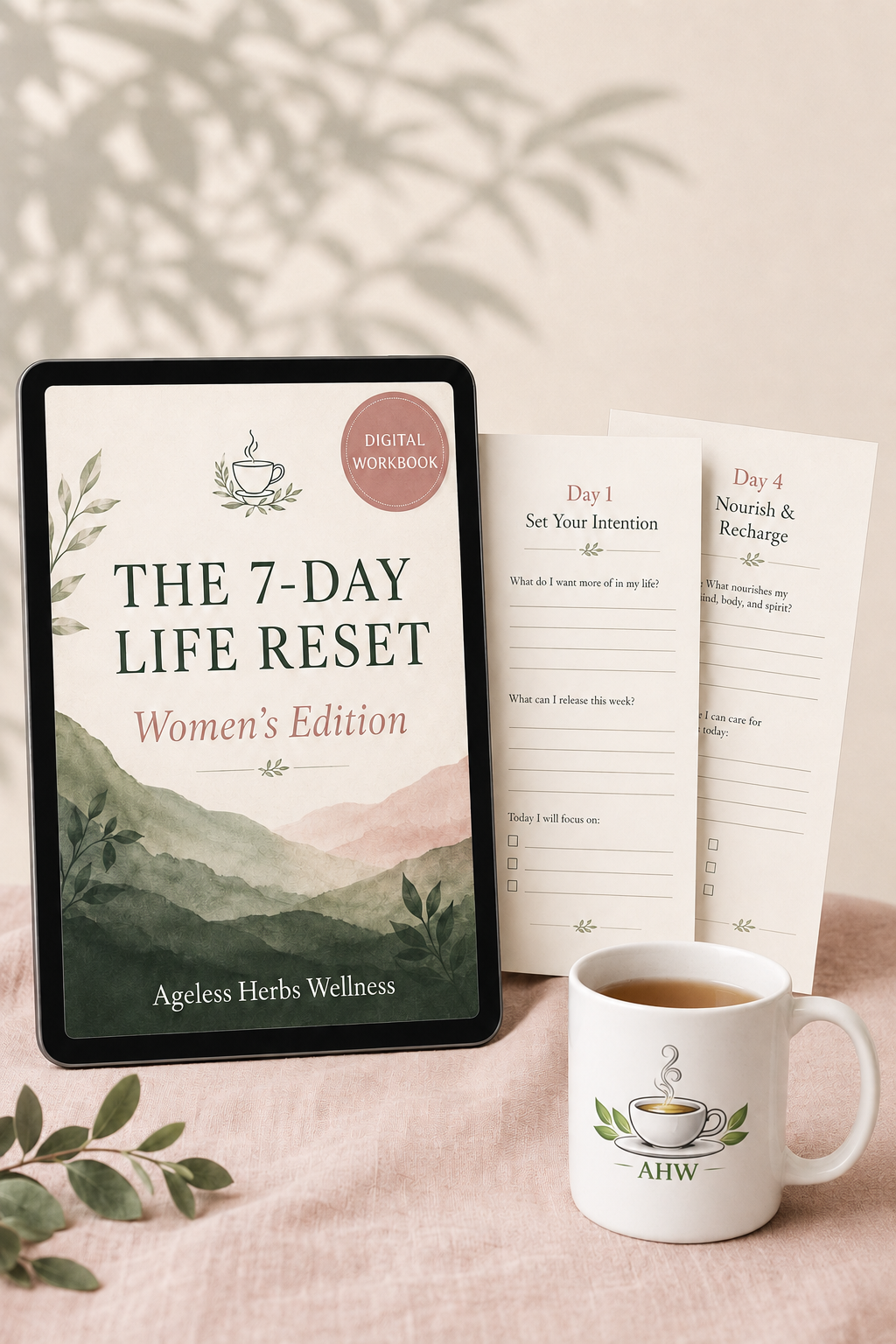 A digital workbook titled 'The 7-Day Life Reset Women's Edition' displayed on a tablet screen, alongside printed worksheet pages and a white mug with a coffee cup graphic, arranged on a soft pink surface with leaf shadows overhead.