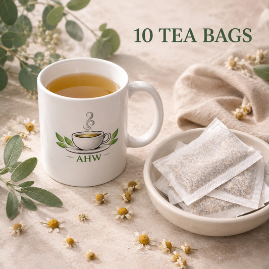 A white ceramic mug filled with tea sits beside a small bowl of tea bags on a beige fabric surface, with scattered chamomile flowers and greenery around it. Text at the top reads '10 TEA BAGS'.