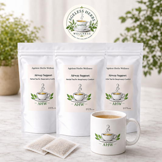 Three white stand-up pouches of Ageless Herbs Wellness Airway Support Herbal Tea are arranged on a light marble surface with two tea bags in front and a white ceramic mug with the Ageless Herbs Wellness logo and tea inside. A circular Ageless Herbs Wellness logo is centered above the products, with soft blurred greenery in the background.