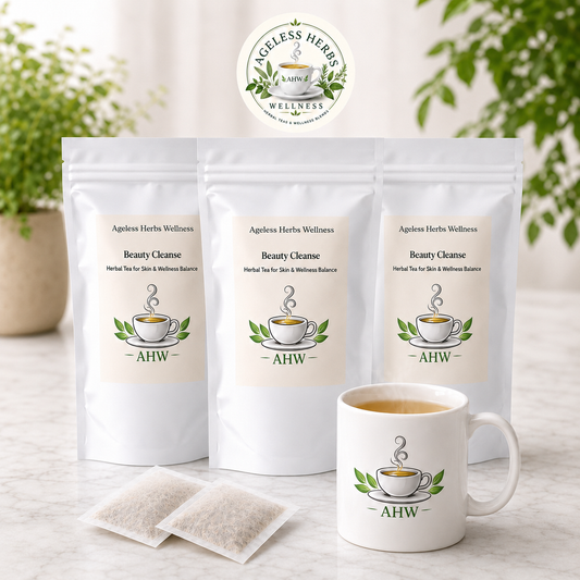 Three white stand-up pouches of Ageless Herbs Wellness Beauty Cleanse herbal tea are arranged on a light marble surface, with two tea bags in front and a matching white ceramic mug filled with tea in front of them. A circular Ageless Herbs Wellness logo is visible above the products, and blurred green plants appear in the background.