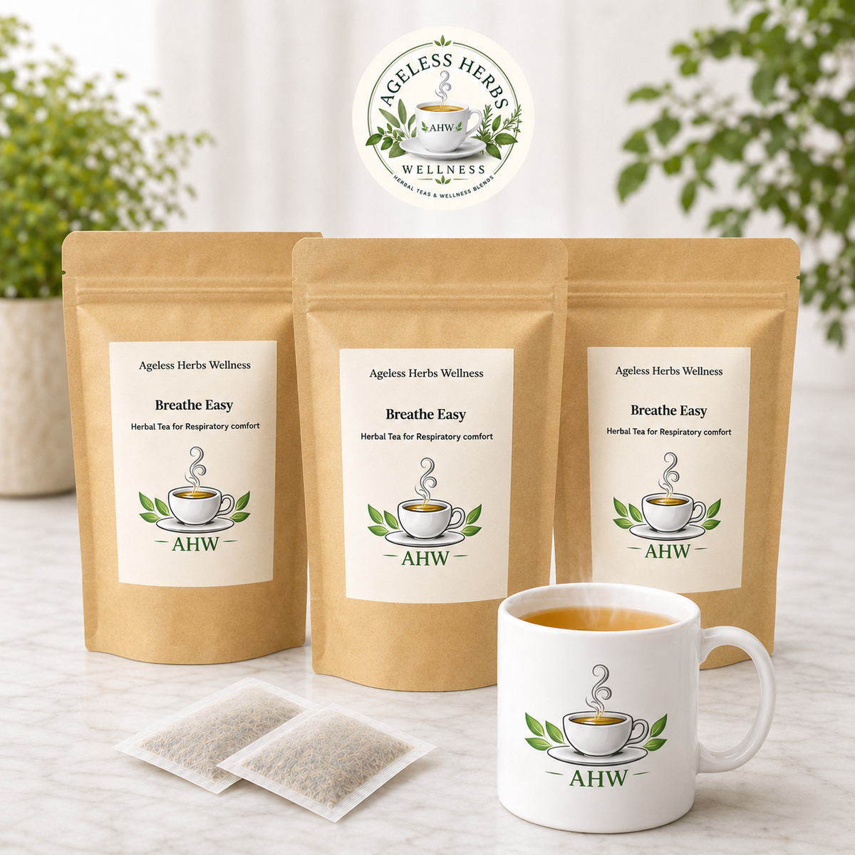 Three stand-up kraft pouches of Ageless Herbs Wellness 'Breathe Easy' herbal tea are arranged on a light marble surface, with two single-serve tea bags in front and a white ceramic mug filled with tea in front of the center pouch. The background is softly blurred with green foliage and a white wall.