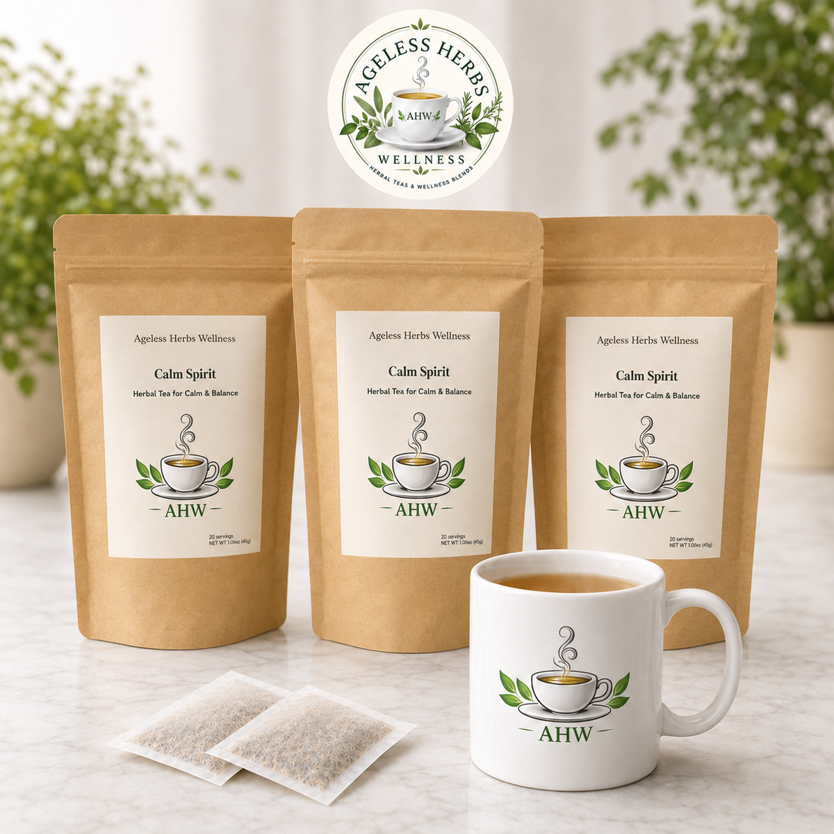 Three kraft stand-up pouches of Ahw Calm Spirit herbal tea are arranged on a light marble surface, with two tea bags in front and a white ceramic mug with the Ahw logo in front of them. A circular logo badge reading 'Ageless Herbs Wellness appears above the products, with blurred greenery in the background.