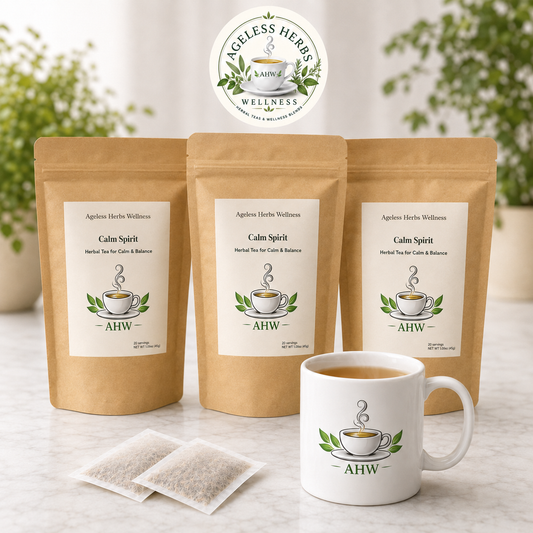 Three kraft stand-up pouches of Ahw Calm Spirit herbal tea are arranged on a light marble surface, with two tea bags in front and a white ceramic mug with the Ahw logo in front of them. A circular logo badge reading 'Ageless Herbs Wellness appears above the products, with blurred greenery in the background.