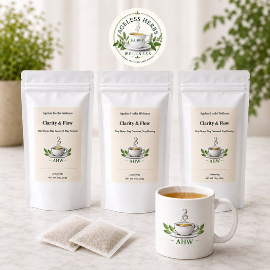 Three white stand-up pouches of Ageless Herbs Wellness 'Clarity & Flow' herbal supplement tea are arranged on a light marble surface, with two tea bags in front and a white ceramic mug with the brand logo and coffee cup illustration in front of the center pouch. A circular Ageless Herbs Wellness logo badge appears above the products.
