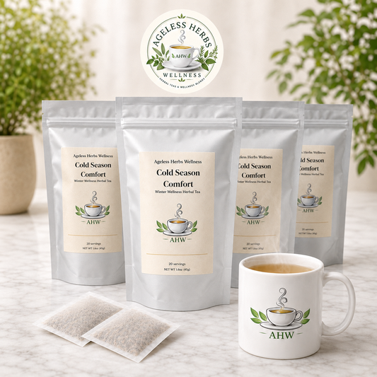 Four stand-up pouches of Ageless Herb Wellness Cold Season Comfort herbal tea are arranged on a marble surface, with two single-serve tea bags in front and a matching white ceramic mug with the AHW logo and tea inside. The background is softly blurred with green foliage and neutral decor.