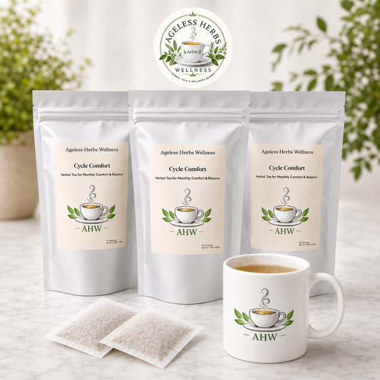 Three stand-up pouches of Aglessen Herbs Wellness Cycle Comfort herbal tea are displayed on a marble surface, alongside two individual tea bags and a white ceramic mug printed with the same logo and tea cup graphic. The background features soft-focus green plants.
