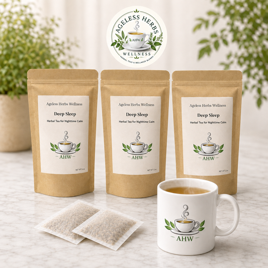 Three stand-up pouches of Ageless Herbs Wellness Deep Sleep herbal tea are arranged on a light marble surface, with two tea bags in front and a white ceramic mug with the brand logo beside them. A circular Ageless Herbs Wellness logo badge appears above the products, and blurred greenery is visible in the background.