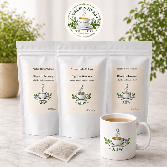 Three stand-up pouches of Digestive Harmony herbal tea by Ageless Herbs Wellness are displayed on a light marble surface, alongside two tea bags and a white ceramic mug with the same logo. The background features soft-focus green plants and a neutral wall.