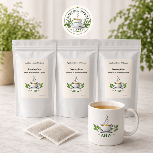 Three white stand-up pouches of Ageless Herbs Wellness Evening Calm herbal tea are displayed on a light marble surface, alongside two tea bags and a white ceramic mug with the same logo and tea visible inside. The background is softly blurred with green foliage and neutral decor.