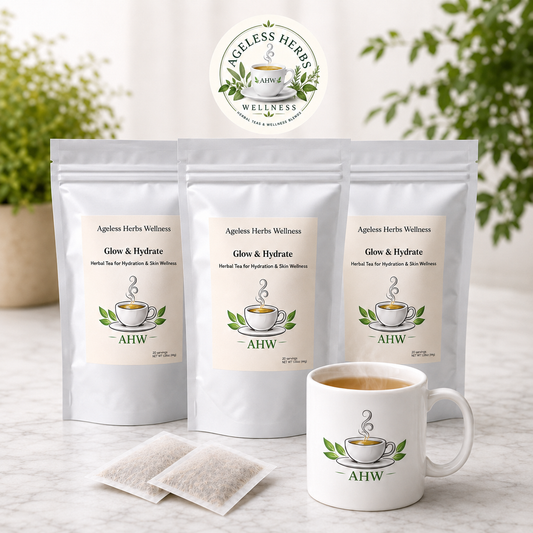Three stand-up pouches of Ageless Herbs Wellness Glow & Hydrate herbal tea are arranged on a light surface, with two tea bags in front and a white mug with the same logo beside them. The background is softly blurred with greenery and a circular Ageless Herbs Wellness logo above the products.