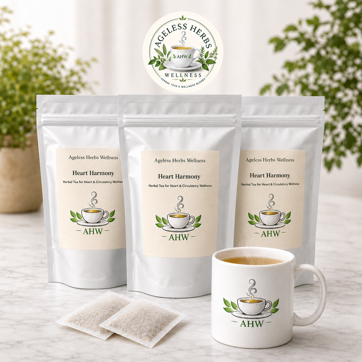 Three stand-up pouches of Ageless Herbs Wellness Heart Harmony herbal tea are displayed on a light marble surface with two tea bags and a white ceramic mug in front. The background features soft-focus green foliage and a bright, airy interior setting.
