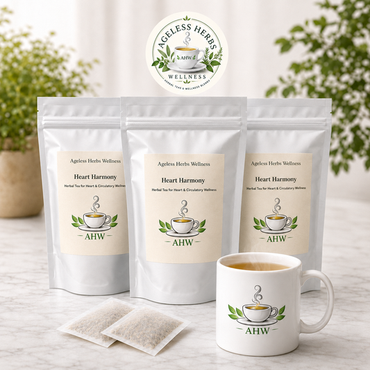 Three stand-up pouches of Ageless Herbs Wellness Heart Harmony herbal tea are displayed on a light marble surface with two tea bags and a white ceramic mug in front. The background features soft-focus green foliage and a bright, airy interior setting.
