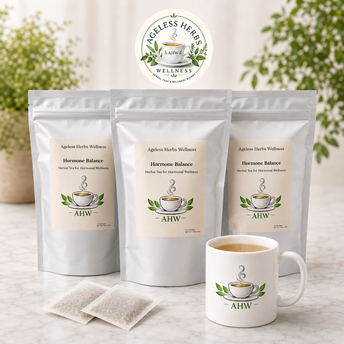 Three stand-up pouches of Ageless Herbs Wellness Hormone Balance herbal tea are displayed on a light marble surface, with two tea bags in front and a matching white ceramic mug with the brand logo and tea inside. A circular Ageless Herbs Wellness logo badge is positioned above the products, with a softly blurred green garden background.