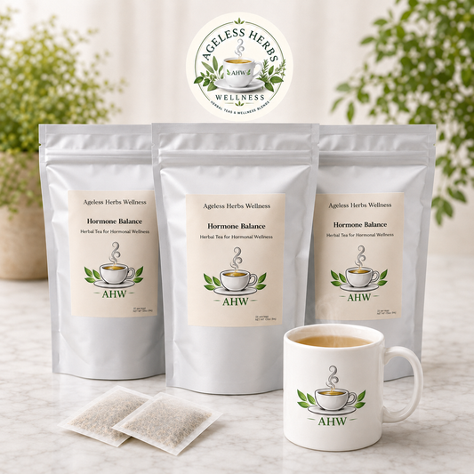 Three stand-up pouches of Ageless Herbs Wellness Hormone Balance herbal tea are displayed on a light marble surface, with two tea bags in front and a matching white ceramic mug with the brand logo and tea inside. A circular Ageless Herbs Wellness logo badge is positioned above the products, with a softly blurred green garden background.
