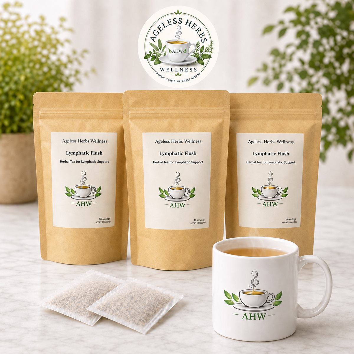 Three stand-up pouches of Ageless Herbs Wellness Lymphatic Flush herbal tea are displayed on a light marble surface, with two individual tea bags in front and a white ceramic mug with the brand logo and tea inside. The background features soft-focus green plants.