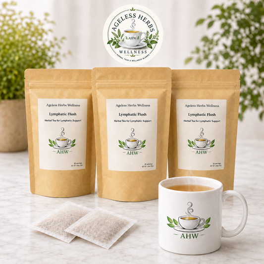 Three stand-up pouches of Ageless Herbs Wellness Lymphatic Flush herbal tea are displayed on a light marble surface, with two individual tea bags in front and a white ceramic mug with the brand logo and tea inside. The background features soft-focus green plants.