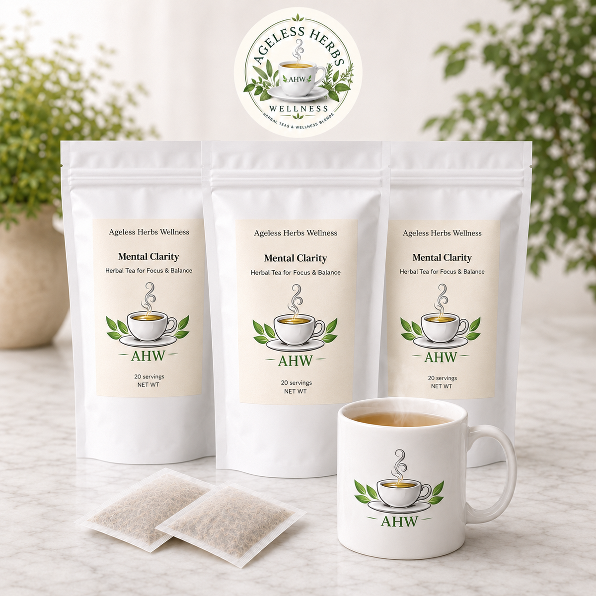 Three stand-up pouches of AHW Ageless Herbs Wellness Mental Clarity herbal tea are displayed on a light marble surface with a white ceramic mug filled with tea and two tea bags in front. The background features soft-focus green plants and a warm, bright indoor setting.