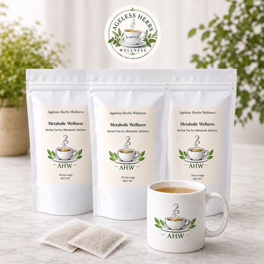 Three stand-up pouches of Ageless Herbs Wellness Metabolic Wellness herbal tea are displayed on a light marble surface with two tea bags in front and a white ceramic mug with the brand logo and tea inside. The background is softly blurred with green foliage and white walls.