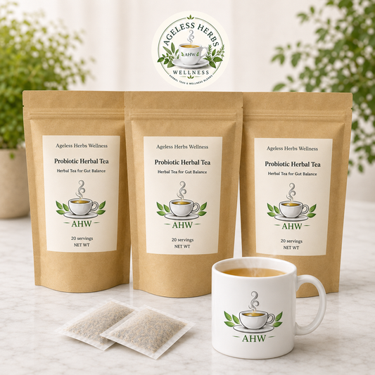Three stand-up kraft pouches of Ageless Herbs Wellness Probiotic Herbal Tea are arranged on a light surface, with two tea bags in front and a white mug filled with tea in front of them. A circular Ageless Herbs Wellness logo appears above the products, and blurred greenery is in the background.
