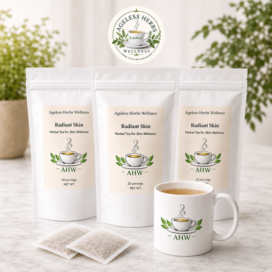 Three stand-up pouches of Ageless Herbs Wellness Radiant Skin Herbal Tea, a matching white mug, two loose tea bags, and a circular brand seal on a light marble surface with blurred green plants in the background.