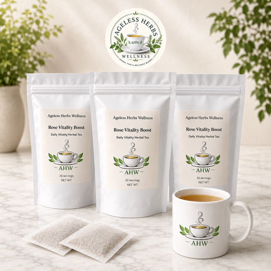 Three stand-up pouches of Ageless Herbs Wellness Rose Vitality Boost herbal tea are arranged on a marble surface, with two tea bags in front and a white ceramic mug with the Ageless Herbs logo beside them. A circular Ageless Herbs Wellness logo badge appears above the products, and soft greenery is blurred in the background.