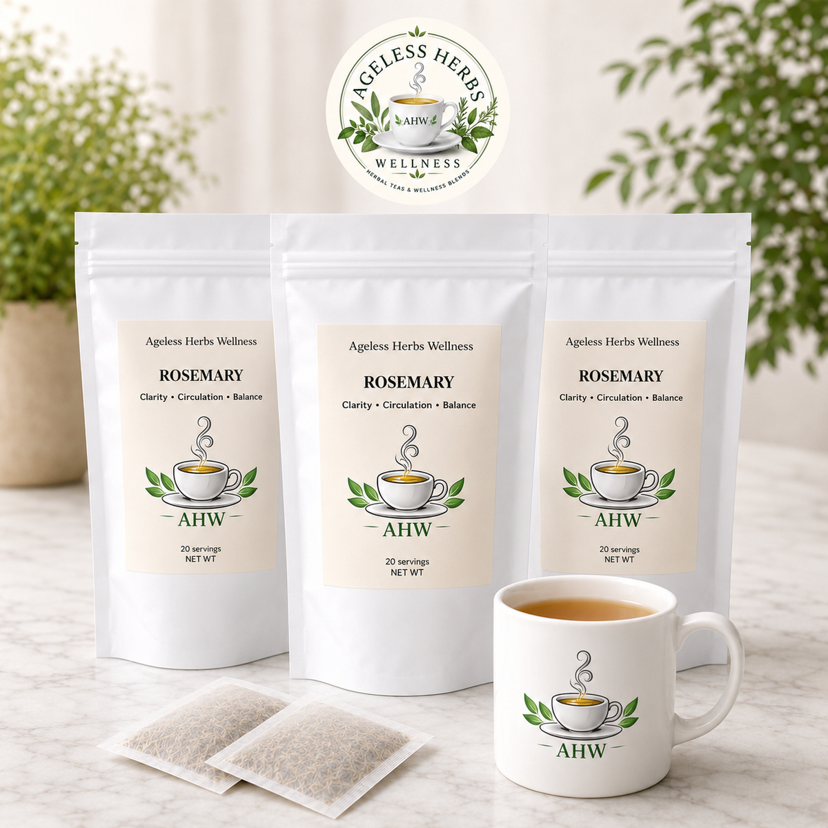 Three stand-up pouches of Ageless Herbs Rosemary tea, two in front of a larger pouch, with two tea bags and a white ceramic mug in front of them on a marble surface. The background shows a softly blurred indoor setting with plants.