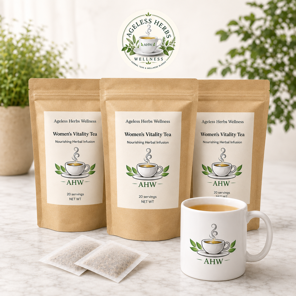 Three stand-up kraft pouches of Ageless Herbs Wellness Women's Vitality Tea are arranged on a light marble surface, with two tea bags in front and a white ceramic mug with the brand logo beside them. The background shows soft-focus green plants and a bright, airy interior setting.