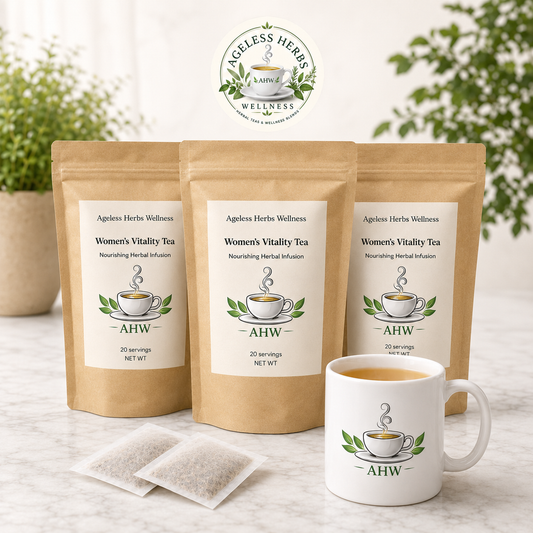 Three stand-up kraft pouches of Ageless Herbs Wellness Women's Vitality Tea are arranged on a light marble surface, with two tea bags in front and a white ceramic mug with the brand logo beside them. The background shows soft-focus green plants and a bright, airy interior setting.