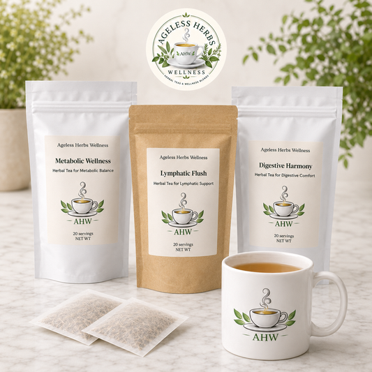 Three stand-up pouches of Ageless Herbs Wellness herbal tea blends, a kraft paper pouch, two tea bags, and a white ceramic mug with the brand logo, arranged on a light marble surface with a blurred green garden background.