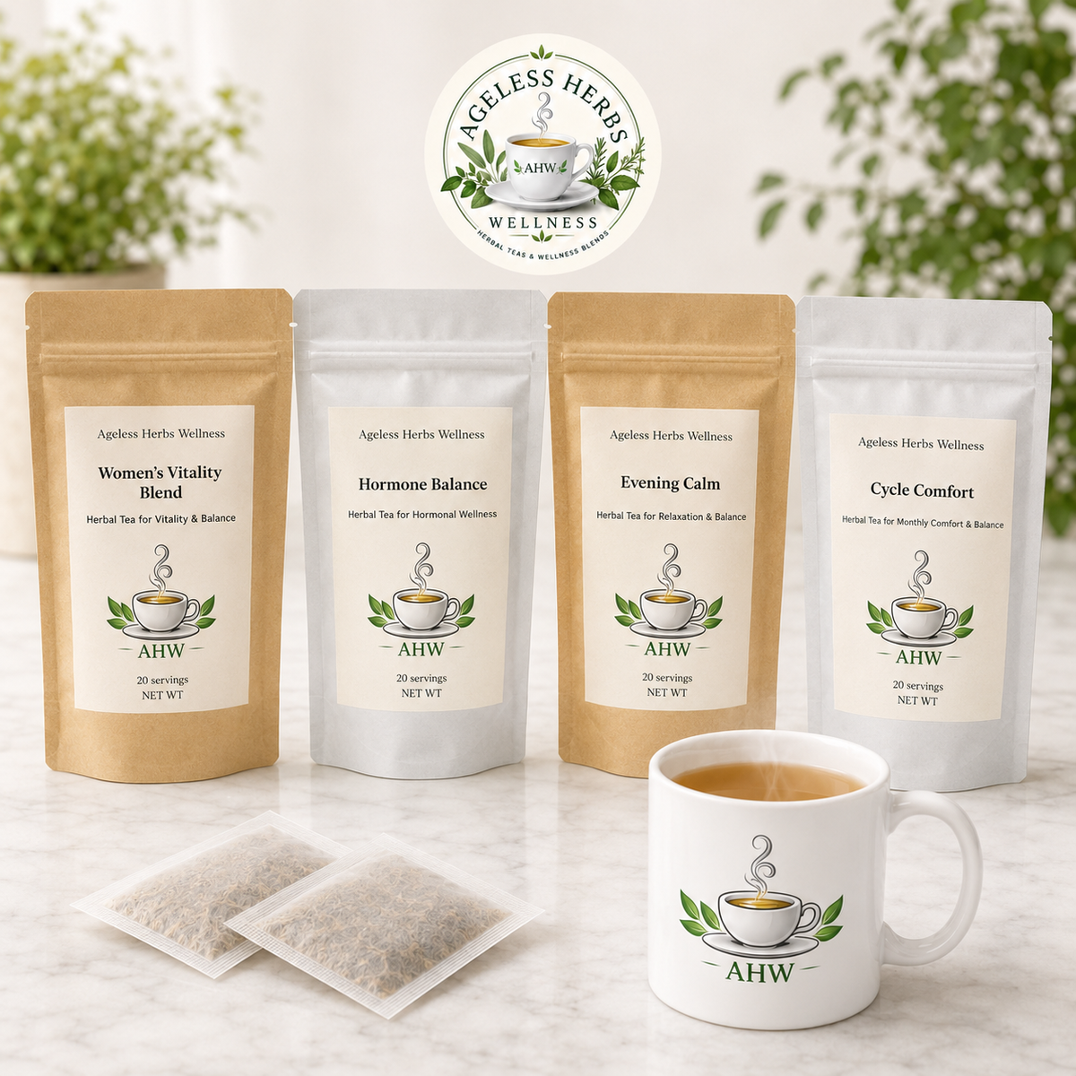 Four stand-up pouches of Ageless Herbs  Wellness herbal tea blends are arranged on a light marble surface with two tea bags in front and a white mug with the Ageless Herbs Wellness logo and tea inside. Ageless Herbs Wellness logo is centered above the products.