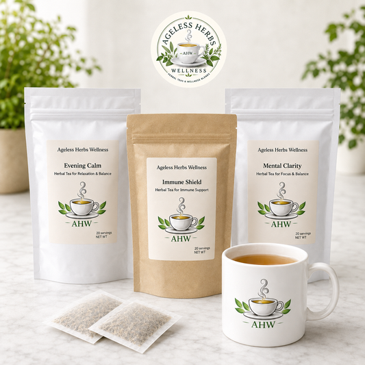 Three stand-up pouches of Ageless Herbs Wellness herbal tea, a white mug with the Ageless Herbs logo, and two tea bags on a light marble surface with a blurred indoor plant background.