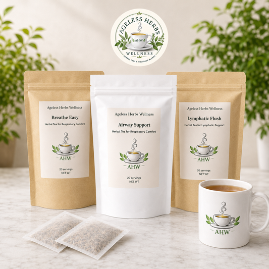 Three stand-up pouches of Ageless Herbs Wellness herbal tea, including Breathe Easy, Airway Support, and Lymphatic Flush, displayed on a marble surface with two tea bags and a white mug with the Ageless Herbs Wellness logo. A circular brand logo is shown at the top.