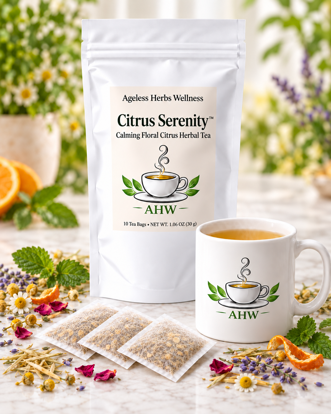 A white stand-up pouch of Ageless Herbs Wellness Citrus Serenity herbal tea stands beside a white ceramic mug filled with tea, surrounded by loose tea bags, dried flowers, orange slices, and green leaves on a light surface with a softly blurred floral background.