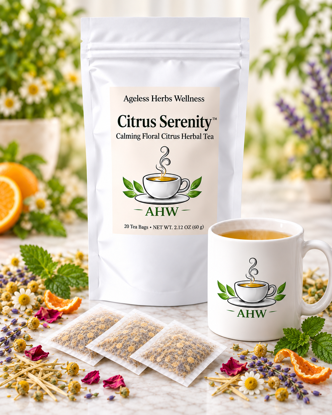 A white stand-up pouch of Ageless Herbs Wellness Citrus Serenity herbal tea stands beside a white ceramic mug printed with the same cup-and-leaf logo. Several tea bags are laid in front, surrounded by dried flowers, orange slices, and green leaves on a light marble surface, with a softly blurred floral background.