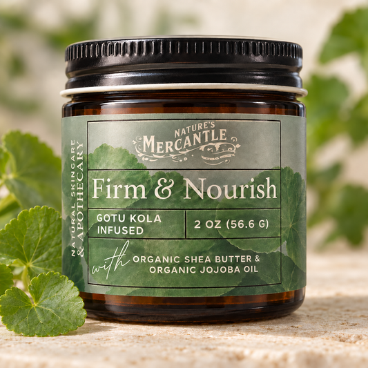 A jar of Nature's Mercantile Firm & Nourish Gotu Kola Infused skincare cream, styled with fresh green leaves on a light stone surface with a soft-focus background.