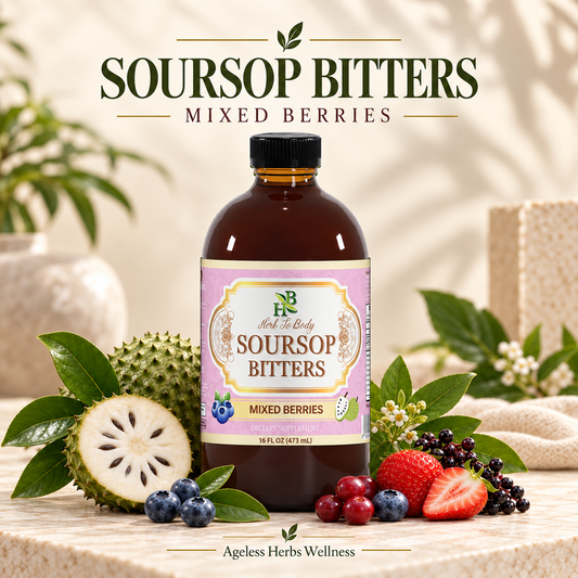 A bottle of Sour Sop Bitters Mixed Berries by Herb To Body, styled on a light stone surface with fresh berries, a spongera fruit, and green leaves against a warm, softly blurred background.