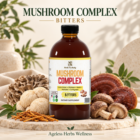 A bottle of Health To Body Mushroom Complex Bitters dietary supplement, styled on a stone tray with various mushrooms and herbs against a warm beige background.