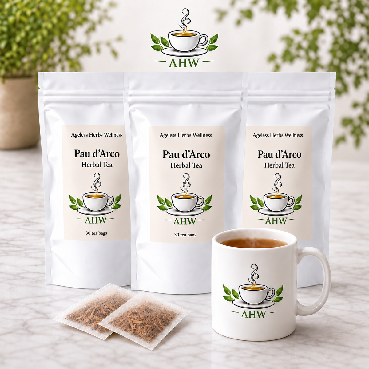 Three stand-up pouches of Pau d'Arco Herbal Tea by Ageless Herbs Wellness are displayed on a marble surface, alongside two individual tea bags and a white ceramic mug filled with tea. The background features soft-focus green plants.