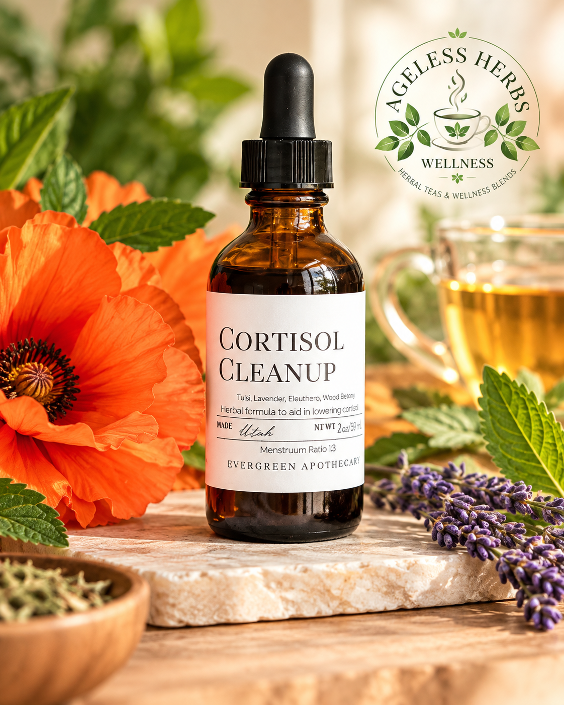 Cortisol Cleanup herbal tincture in an amber dropper bottle surrounded by fresh botanicals, lavender, orange flowers and warm herbal tea, styled with Ageless Herbs Wellness branding.