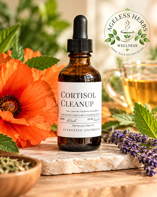 Cortisol Cleanup herbal tincture in an amber dropper bottle surrounded by fresh botanicals, lavender, orange flowers and warm herbal tea, styled with Ageless Herbs Wellness branding.