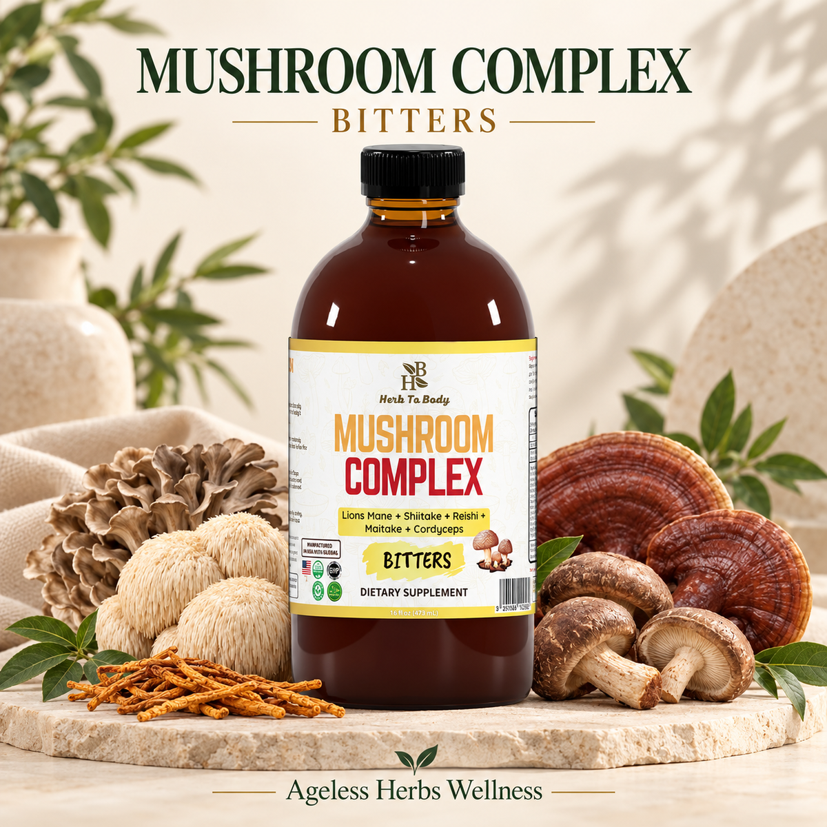 A bottle of Health To Body Mushroom Complex Bitters dietary supplement, styled on a stone tray with various mushrooms and herbs against a warm beige background.