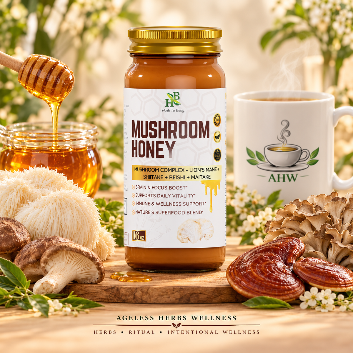 Mushroom Honey jar with assorted mushrooms, honey dipper, and an AHW mug.