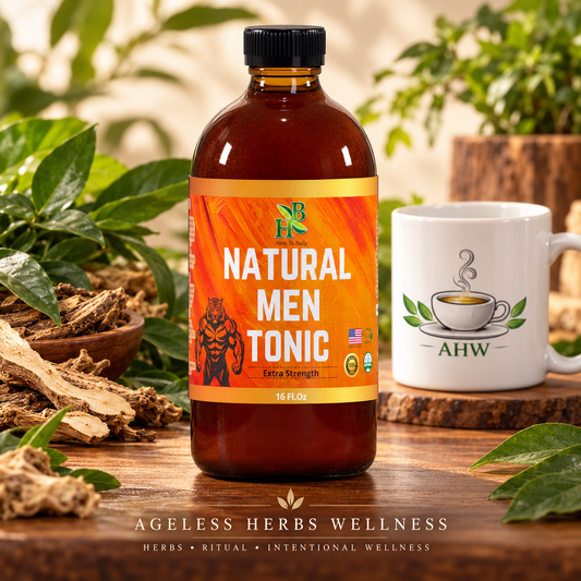 Natural Men Tonic bottle with botanical roots, green leaves, and an AHW mug.